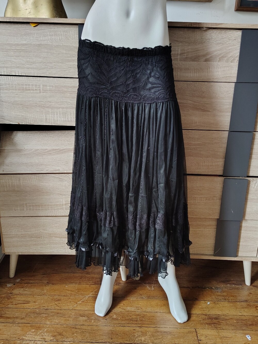 Vintage Y2K Black Tiered Ruffle Maxi Skirt Fairy Grunge Whimsigoth S/M Medium